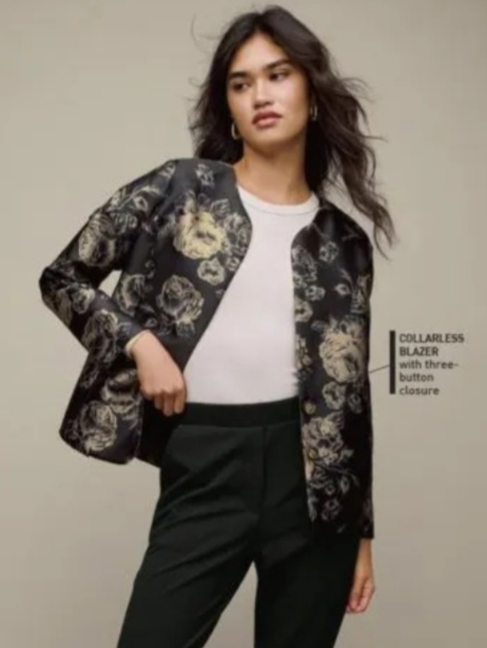 Floral Print Collarless Black Blazer Jacket - Women's